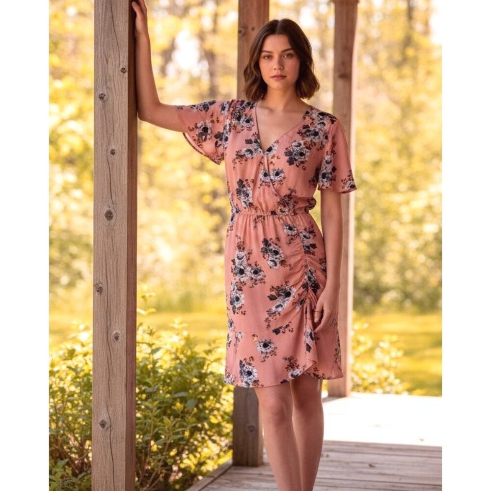 Xhilaration S Dress Short Sleeve Cinched Side Retro Floral V-Neck faux Wrap Pink